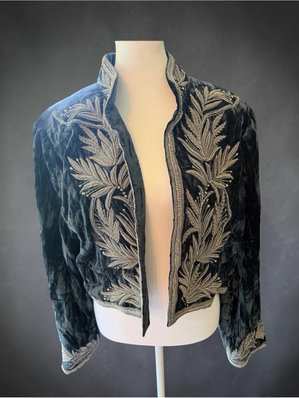 Blue Velvet Embroidered Cropped Jacket